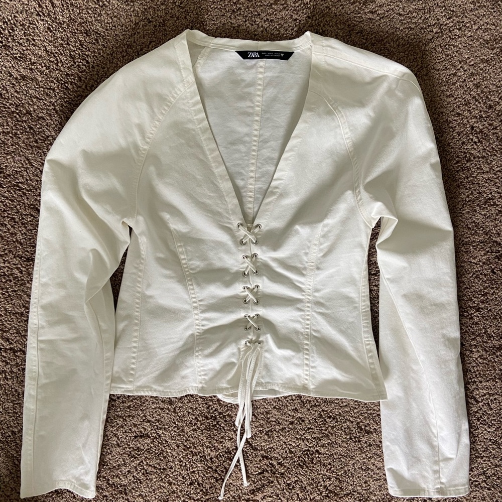 Zara White Long Sleeve Tie Front Blouse